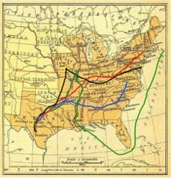 A map of the united states with different routes.